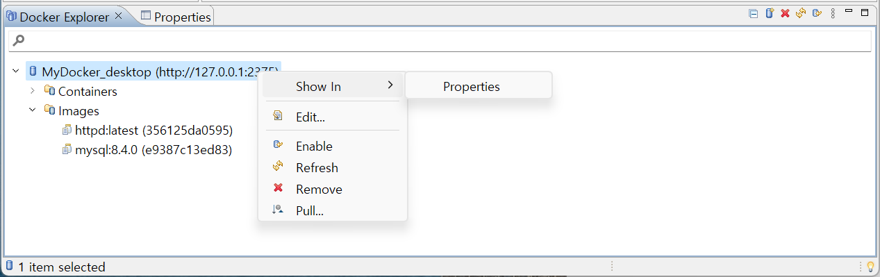 Docker 탐색기 컨텍스트 메뉴