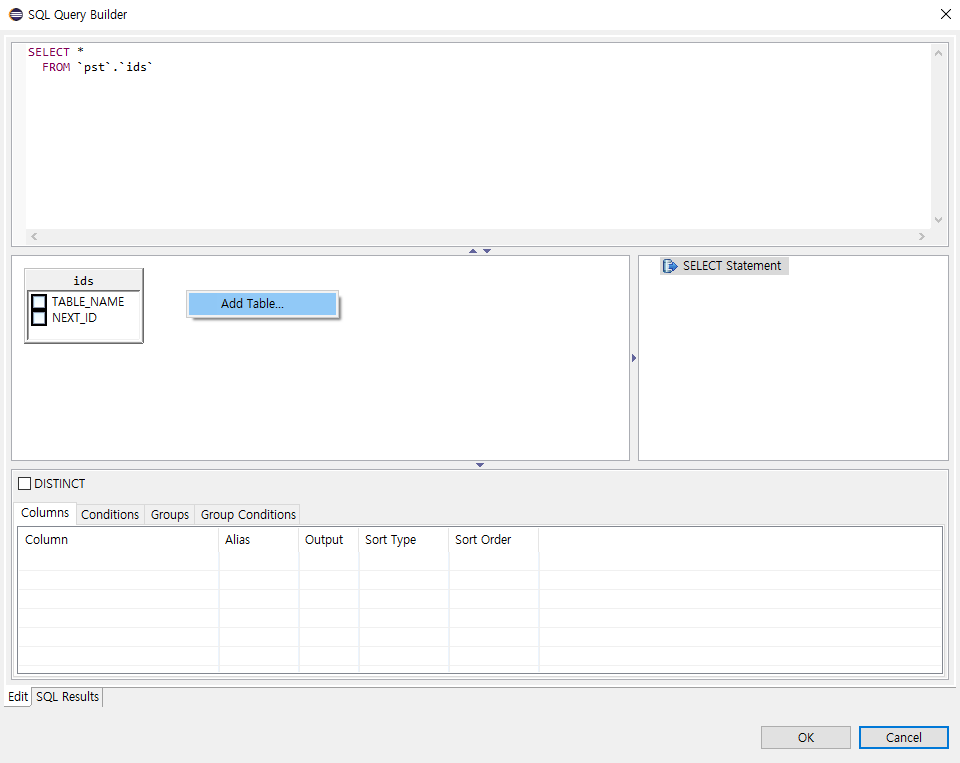 Mapper Editor의 Query Builder 실행화면