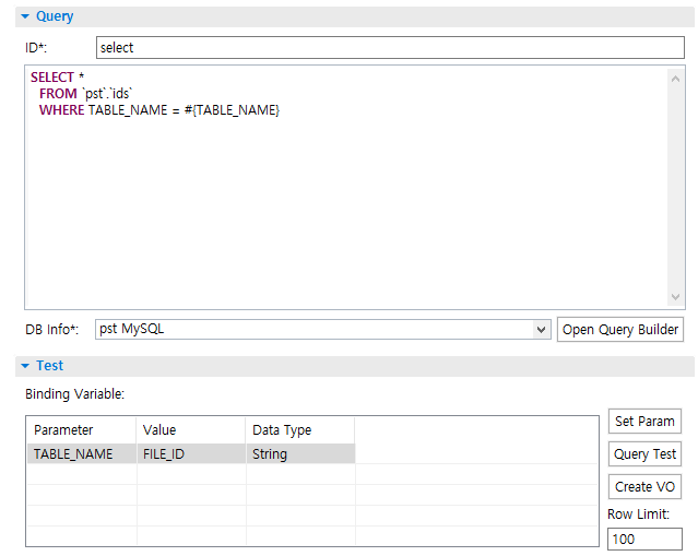 Mapper Editor의 Query Test 화면