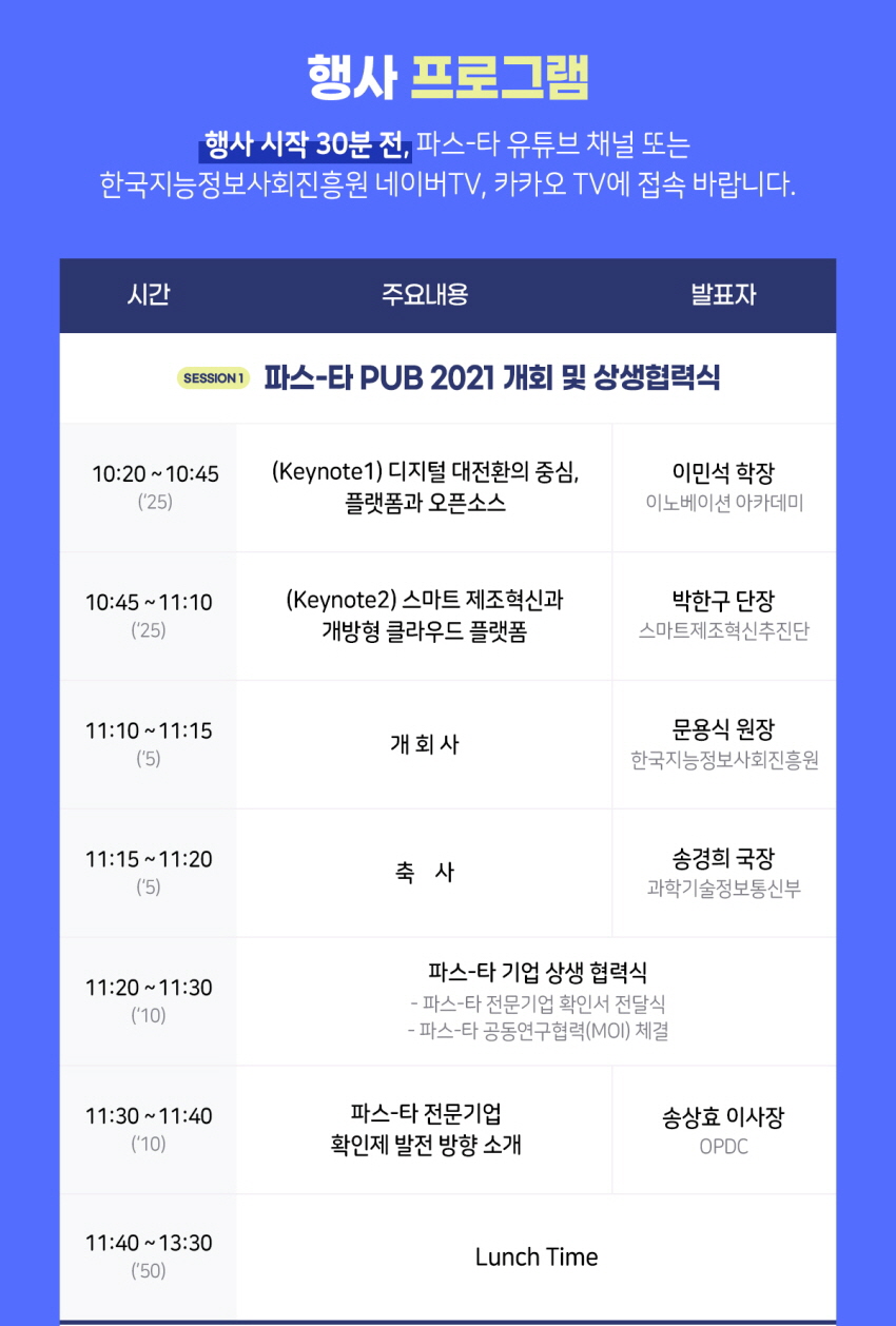 행사 프로그램 : 행사 시작30분전, 파스-타 유튜브 채널 또는 한국지능정보사회진흥원 네이버TV, 카카오TV에 접속 바랍니다. Session1 : 파스-타 PUB 2021 개회 및 상생협력식, 오전10:20~11:40까지 행사진행, 11:40~13:30까지 점심식사시간