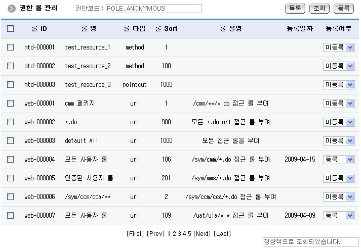 권한별 롤 목록 조회