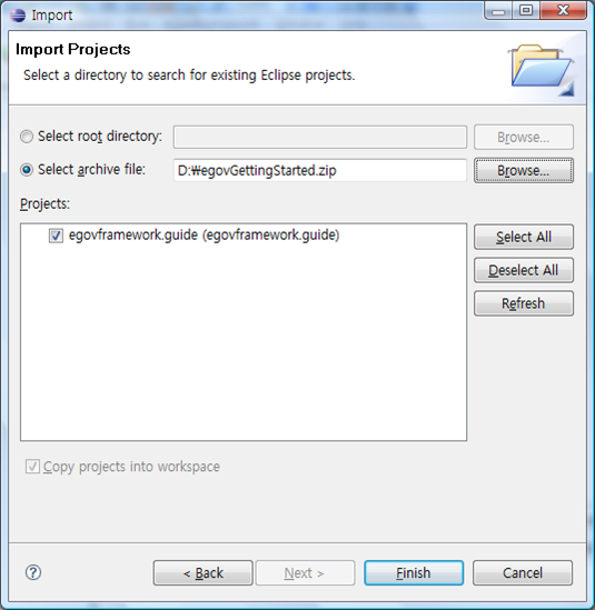 Import Projects에서 select archive file 항목을 선택하고 제공한 egovGettingStarted.zip 파일을 지정하여 Finish 버튼을 클릭한다.